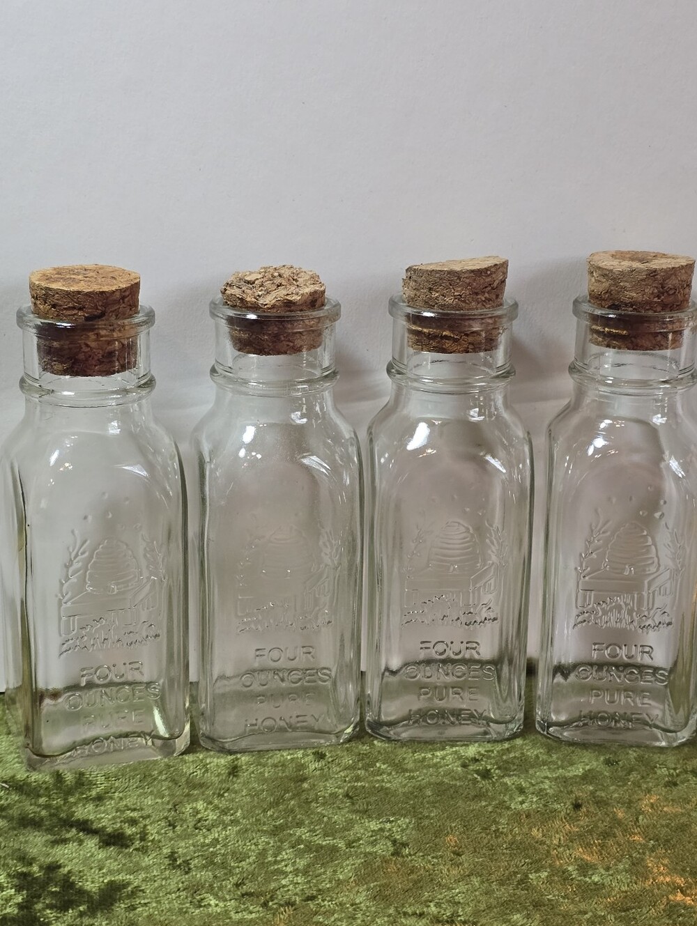 Vintage Clear Glass Honey Bottles Set of 4- 4 oz Bottles with Corks